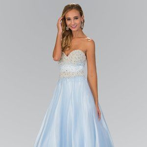 NEW LONG SLEEVELESS STRAPLESS A-LINE TULLE DRESS EMBROIDERED WITH PEARLS GL2155